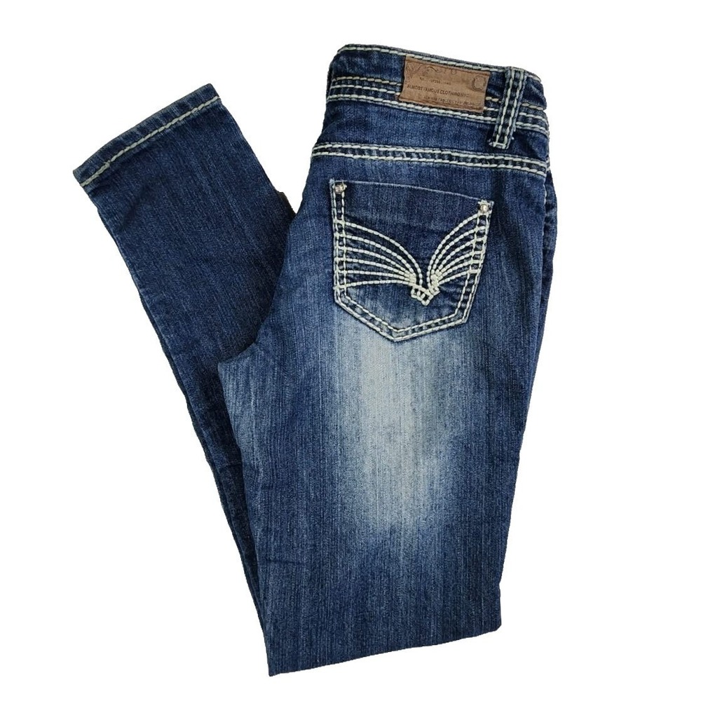 Almost Famous Skinny Jeans Blue Womens Size‎ 9 Thick Stitch Rhinestone Wing Y2K